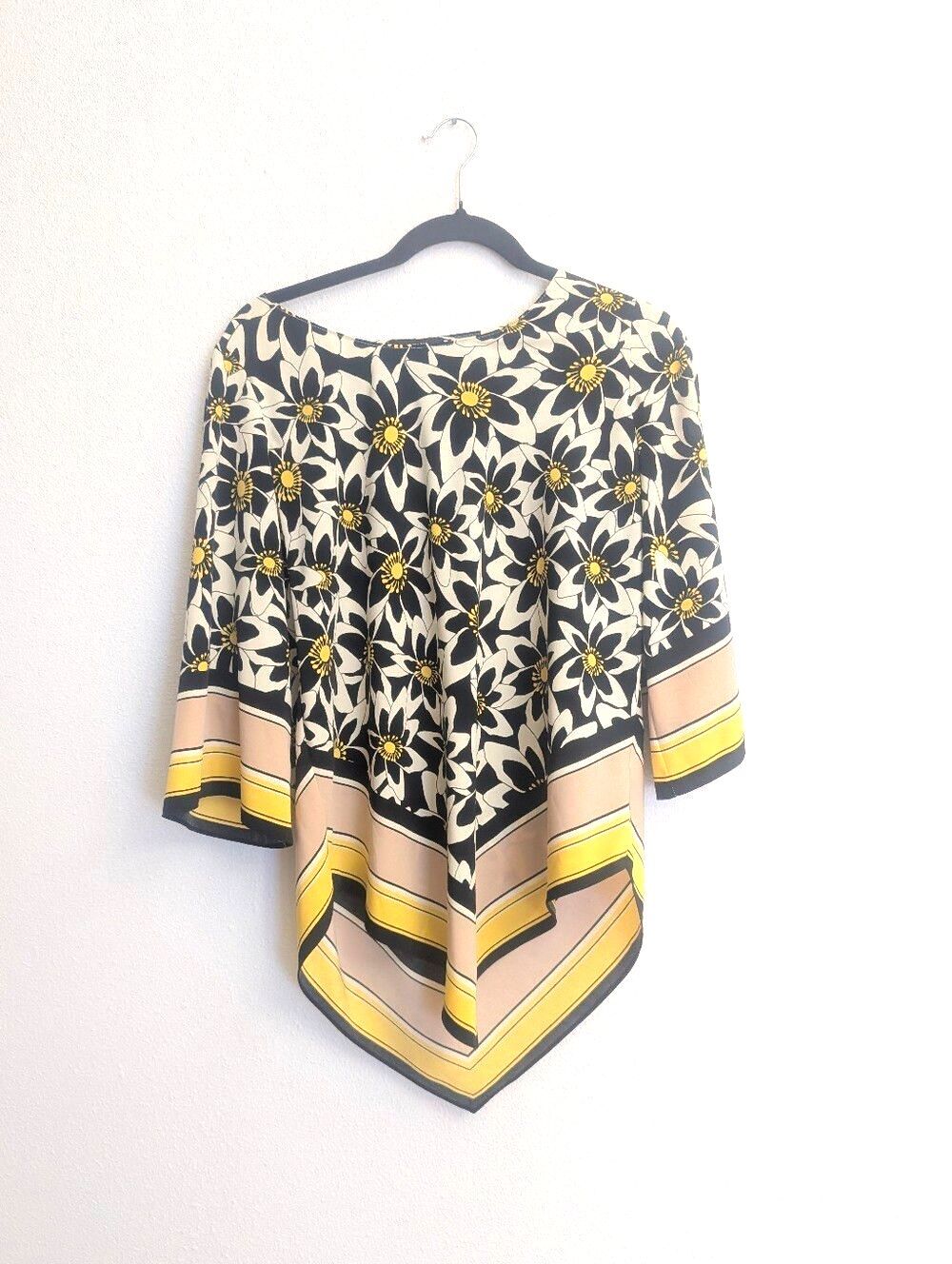 Alfani Floral Handkerchief Hem Blouse Small Black White Yellow Bell Sleeve Top